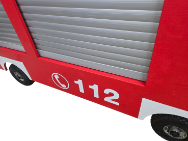Bollerwagen "Feuerwehr-Version 3" inkl. Zubehör, Wasserpumpe, Wassertank, Beschriftung & elektrische  schwarze Jalousien